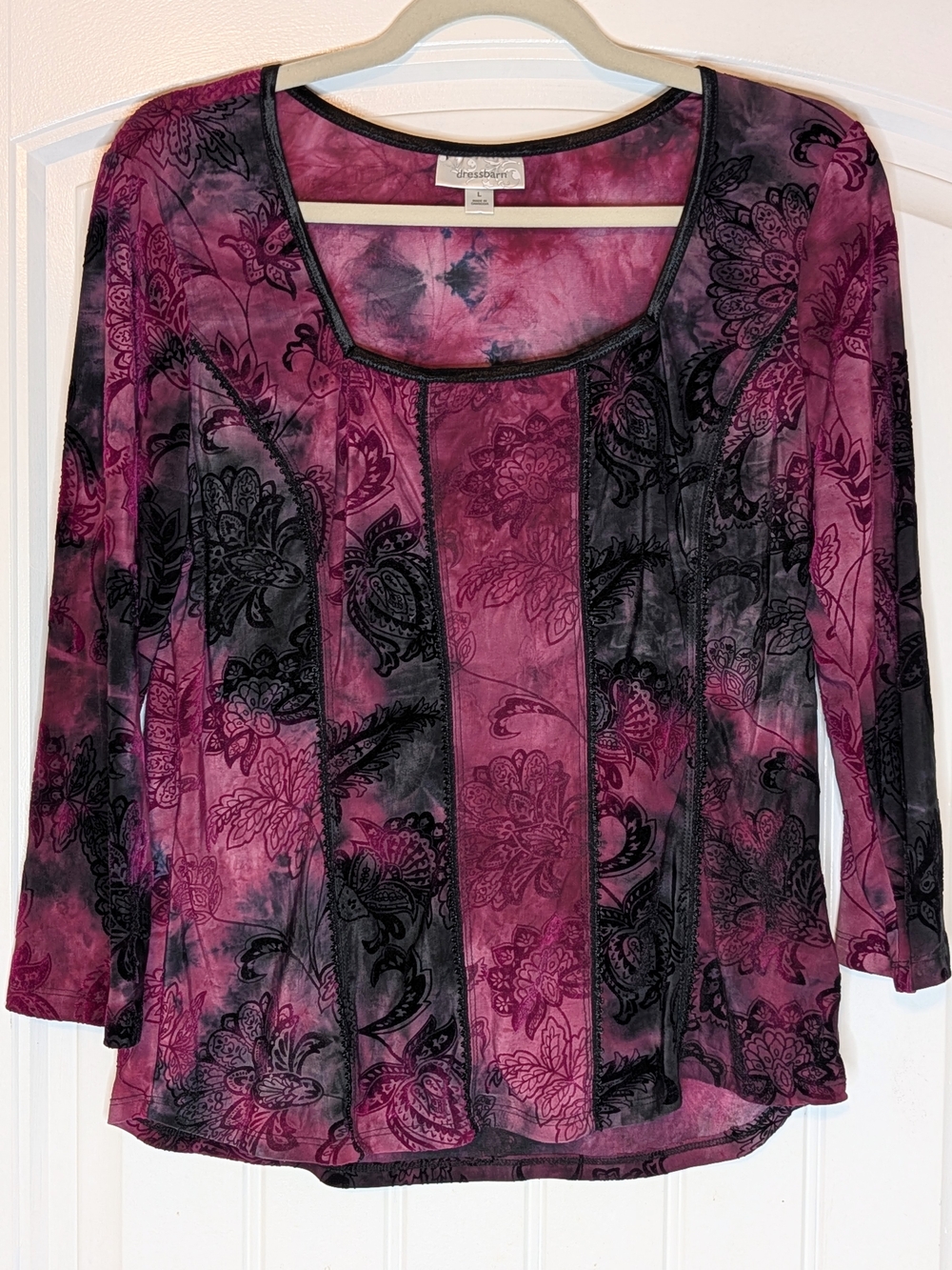 Dressbarn Burgundy Black Tie-Dye Whimsigoth Velvet Burnout 3/4 Sleeve Top